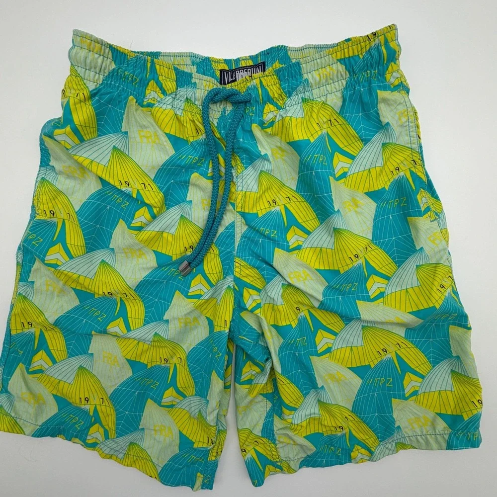 Vilebrequin Moorea Swim Trunks Mens Large Yellow Teal Sail Print Board Shorts
